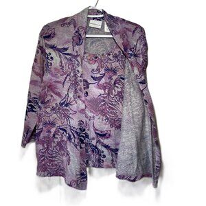Alfred Dunner Cardigan Womens XL Purple Floral Open Drape W/ Tank Top 3/4 Sleeve